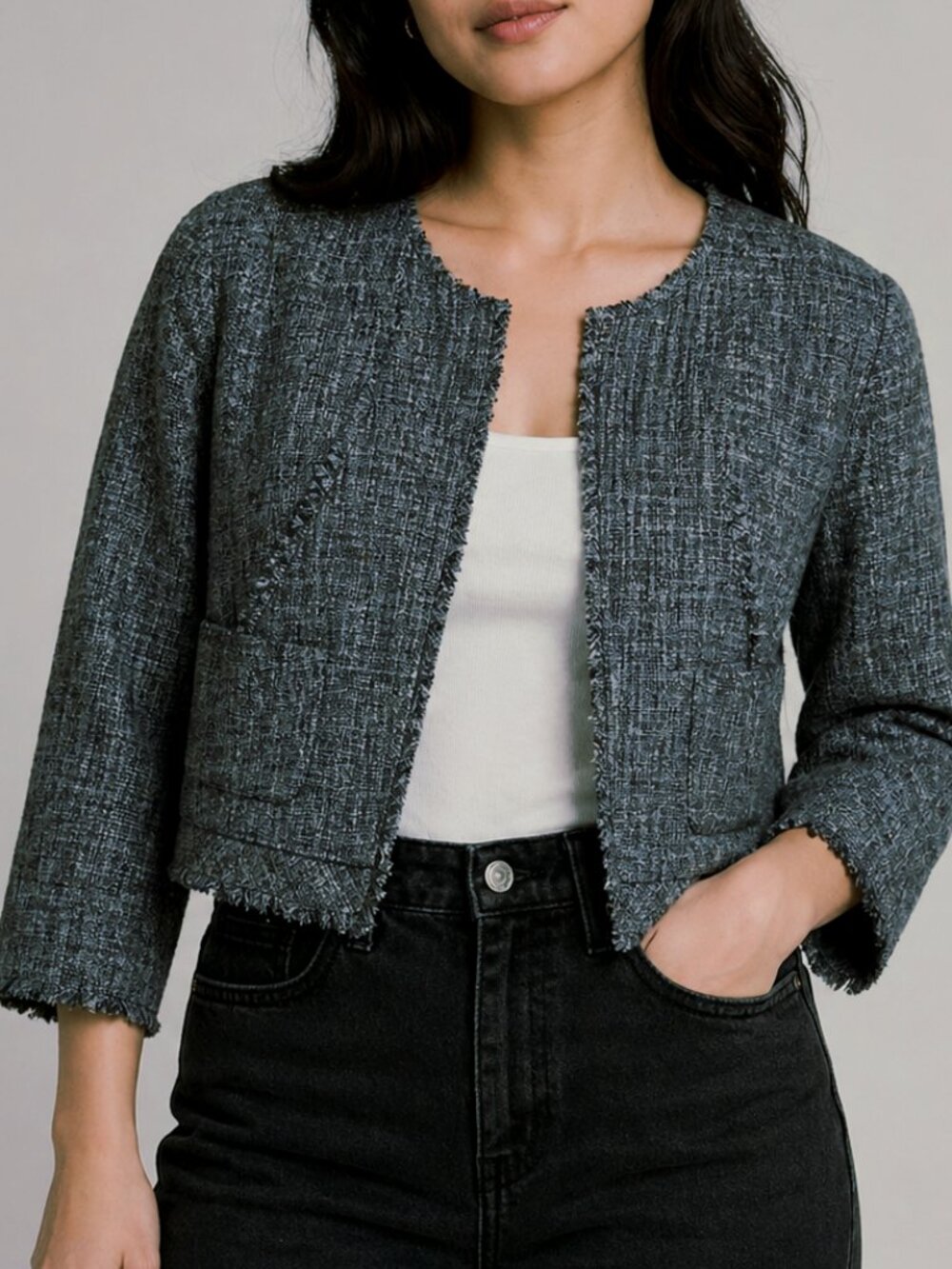 Classiques Entier | Navy Crop Tweed Suit Jacket Medium